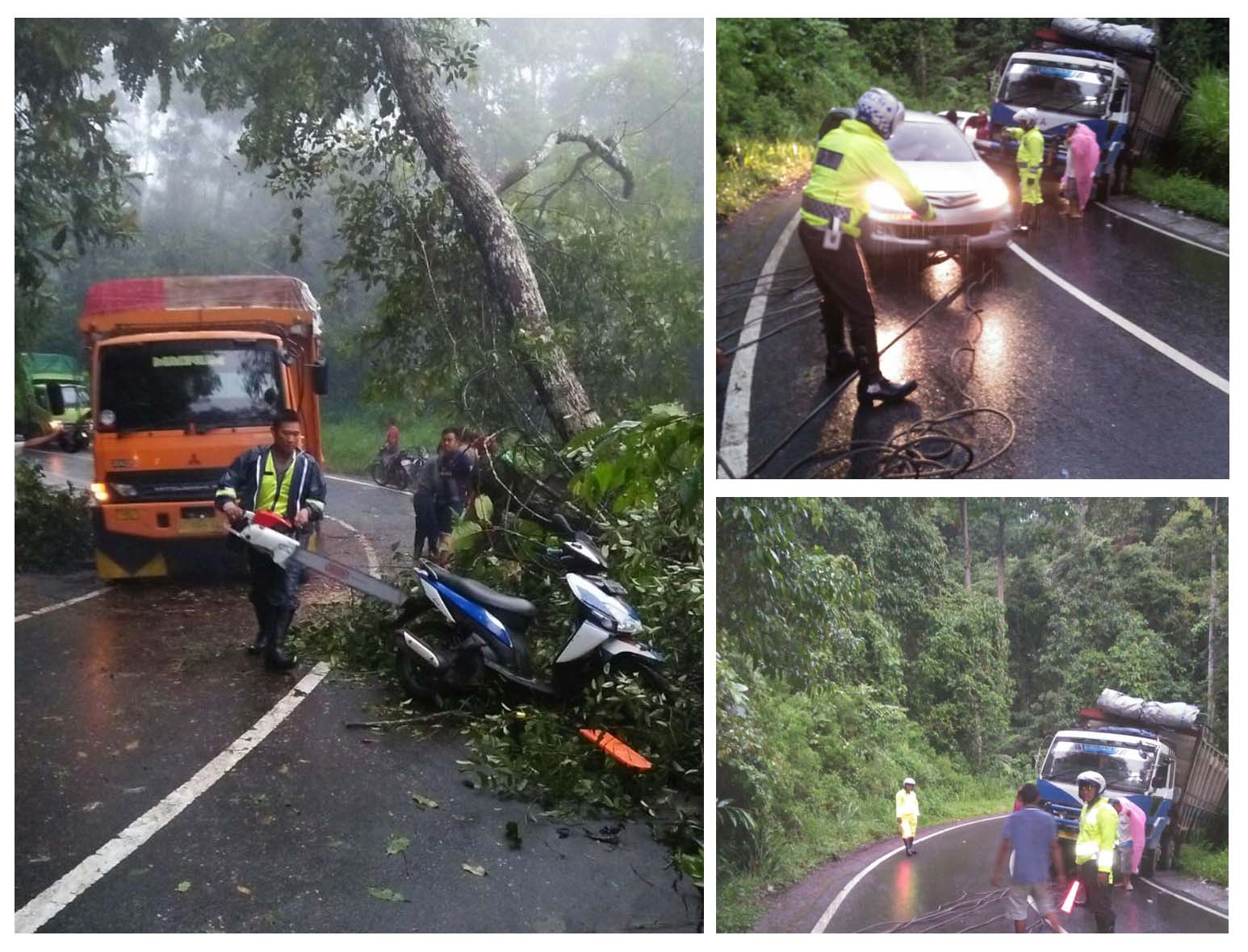 Polisi Atur Lalin Evakuasi Pohon Tumbang dan Truck Yang Terperosok di Jalan Lintas  Gunung