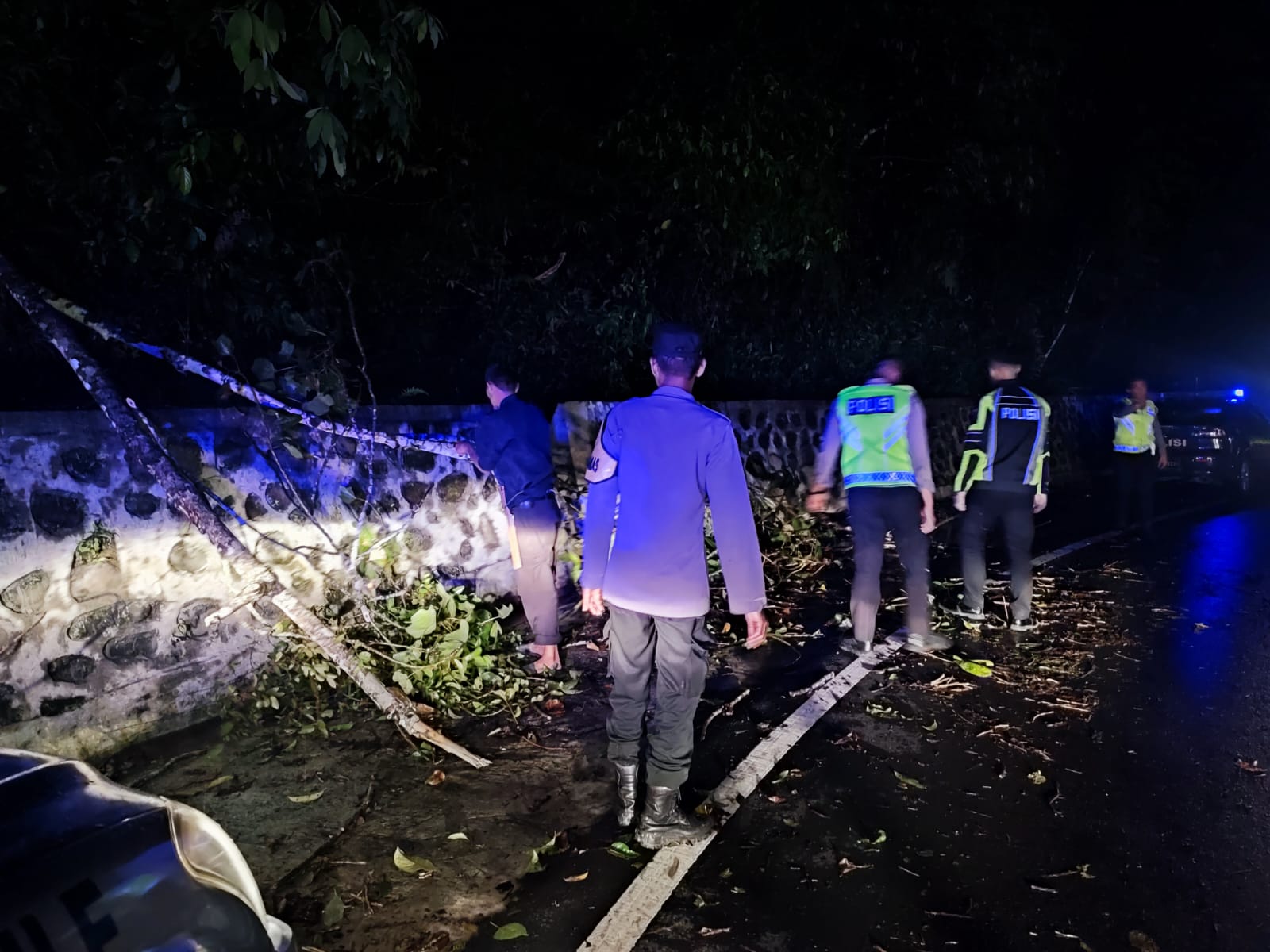 Usai Badai Dahsyat, Personel Polsek Taba Penanjung Bersama  Sat Lantas Polres Benteng, Bersihkan pohon Tumbang di jalan Lintas Bengkulu – Curup